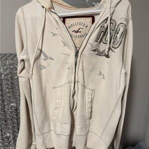 Hollister California Zip Up Hoodie Small Cream Y2K